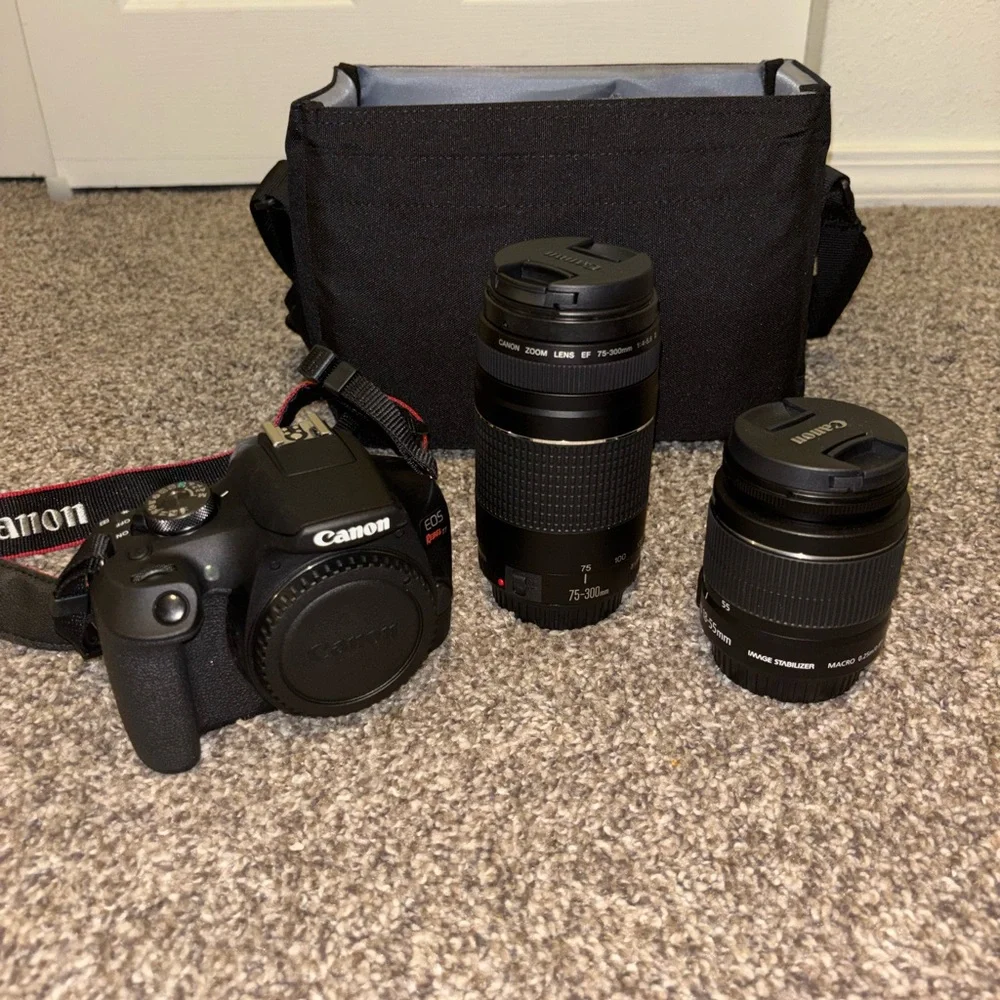 Canon EOS Rebel T7 DSLR Bundle 18-55mm & 75-300mm Lenses, Bag, Strap, Charger.